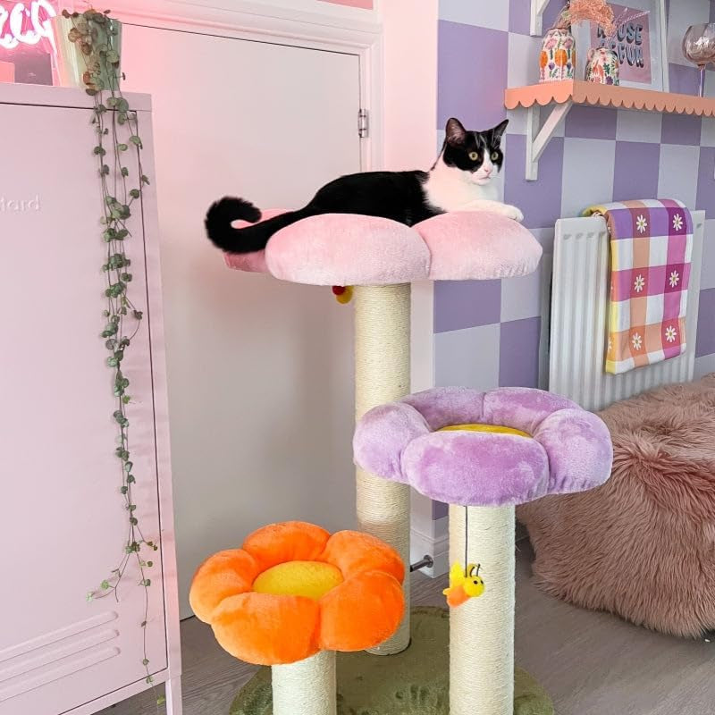 Happy & Polly 35.4" Flowers Cat Tree - Cats Tower Condo with Sisal Scratching Posts Board Luxury Cozy House Indoor Heavy Duty for Cats, Multi-Level Play Activities Platform Tall Perch