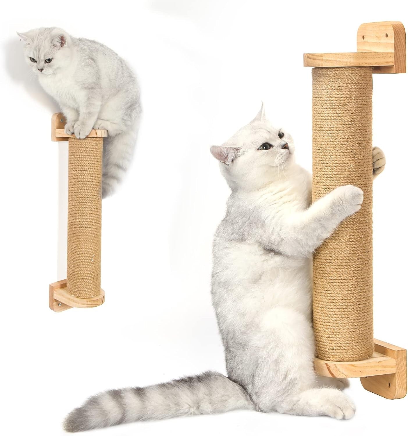 2 Tier Cat Wall Wood Sisal Scratching Post for Indoor - 37 Inch Tall- Vertical or Horizontal Wall Mounted Cat Scratcher, Cat Scratching Board, Cat Activity Trees Cat Wall Furniture Shelves