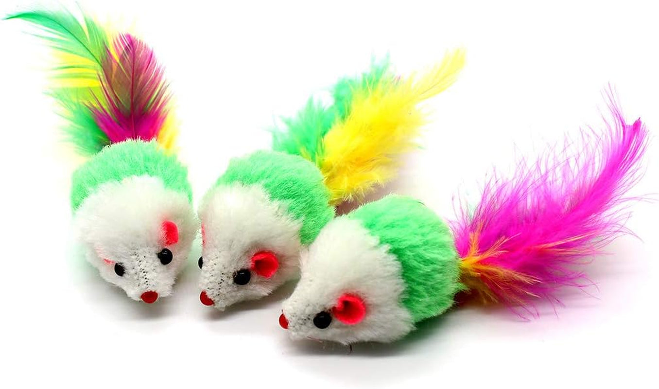 10 PCS 3 Inch Furry Pet Toys Mice Cat Toy Mouse Cat Catcher Toys with Feather Tails(Random Color)