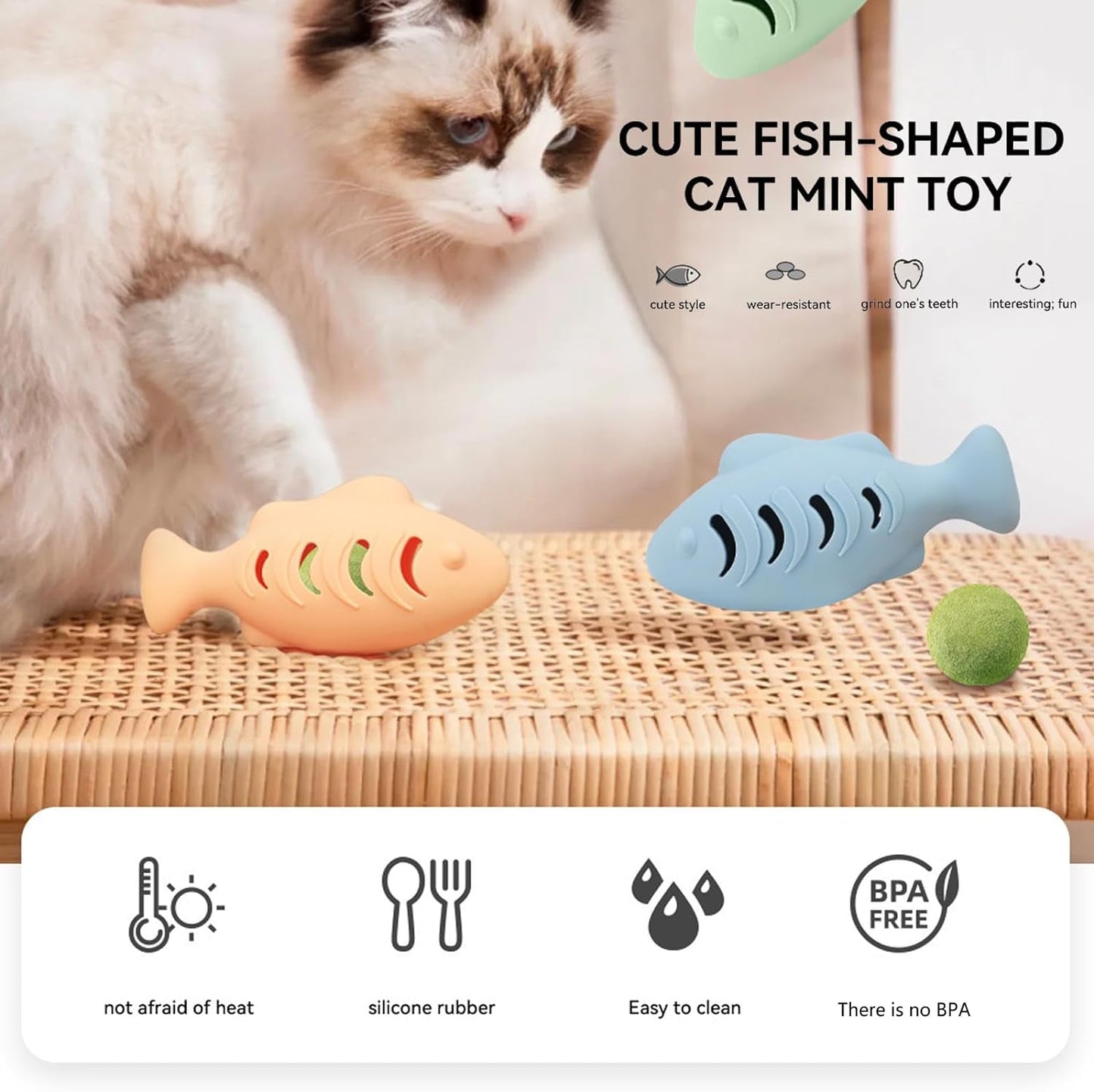 3 Pcs Cat Treat Toys, Fish Shape Food-Grade Silicone Meal Dispenser, Used with Food or Catnip for Kitten, Interactive Cat Toy