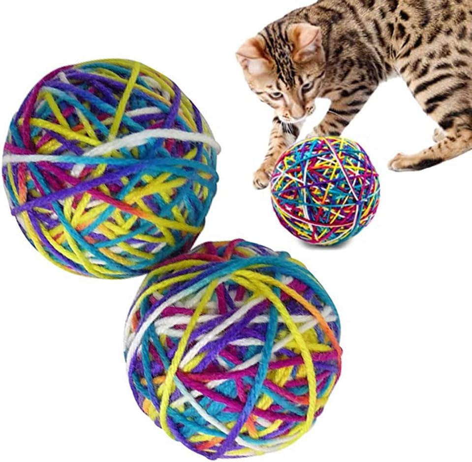 2 Pc Yarn Ball Bells Cat Toys Kitten Puppy Chase round Play Rattle Colorful 4"