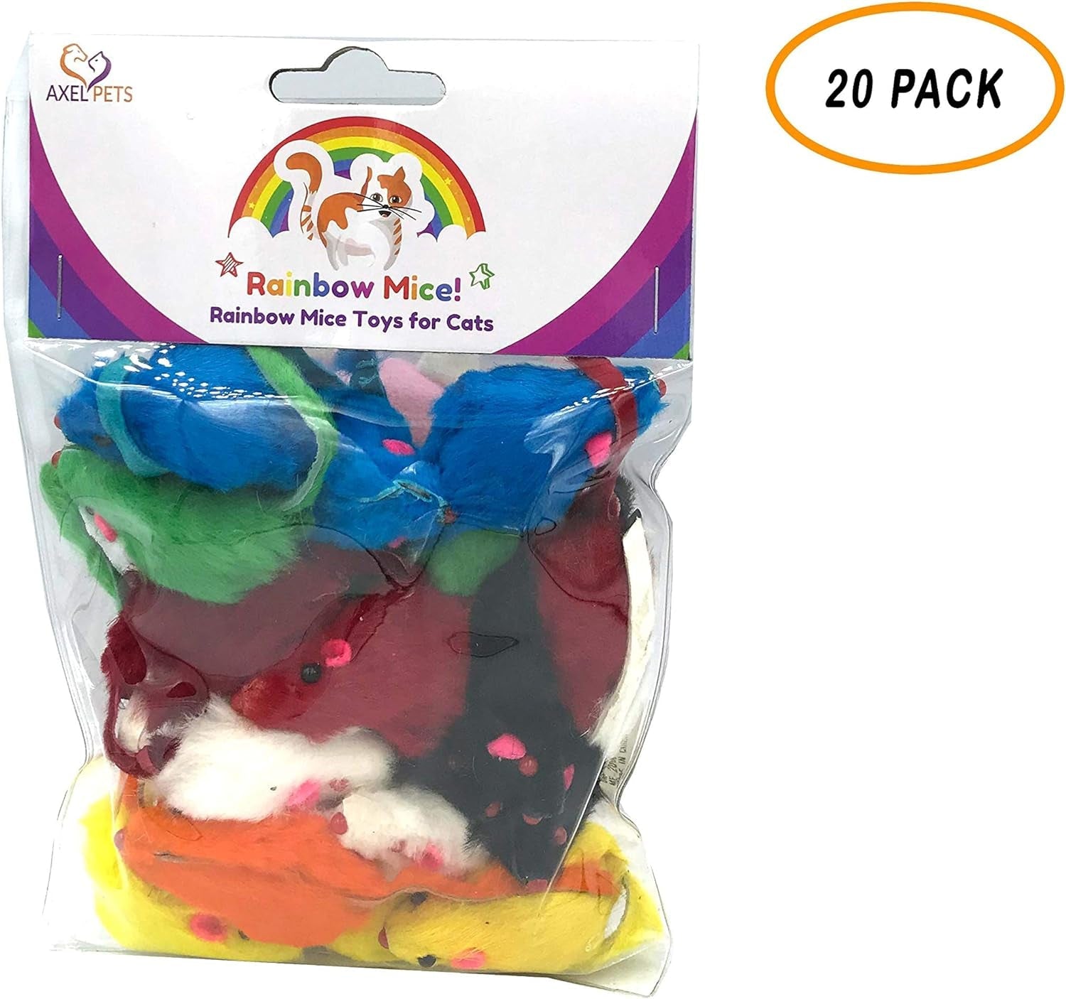 20 Rainbow Mice with Catnip and Rattle Sound Made of Real Rabbit Fur Interactive Catch Play Mouse Toy for Cat, Pack of 20 Mice