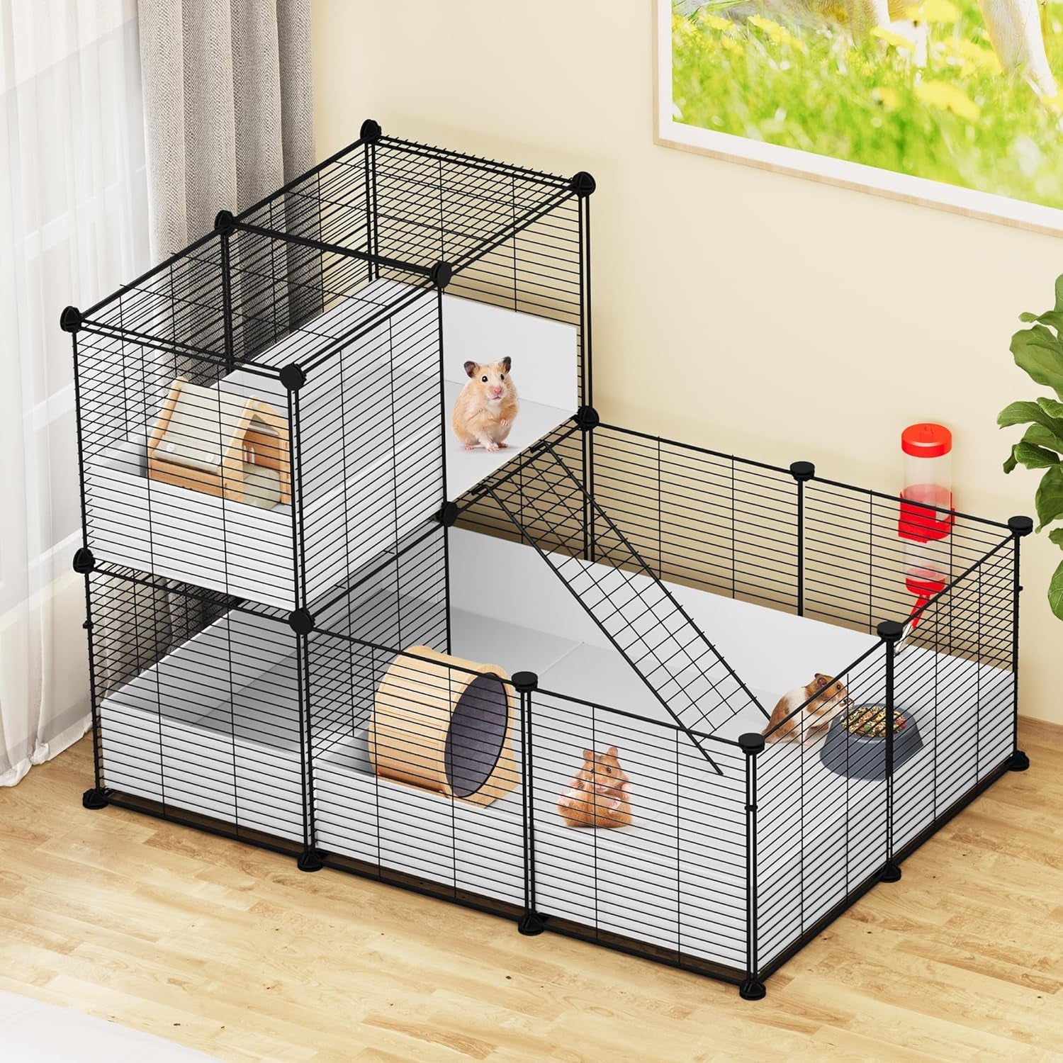 YITAHOME Guinea Pig Cage, Indoor C&C Small Animal Cage with Waterproof Plastic Liner, Loft and Partition for Bunny, Chinchilla and Hamster, Habitat Fence Playpen with 25PCS Pannels