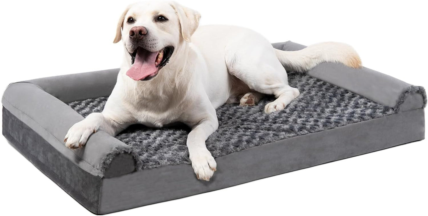 MIHIKK Orthopedic Dog Bed for Extra Large Dogs - XL Pet Sofa Bed with Removable Washable Cover, Waterproof Lining, Nonskid Bottom, Foam Dog Couch Bed with Sides Bolster, Grey 41X27X7 Inch