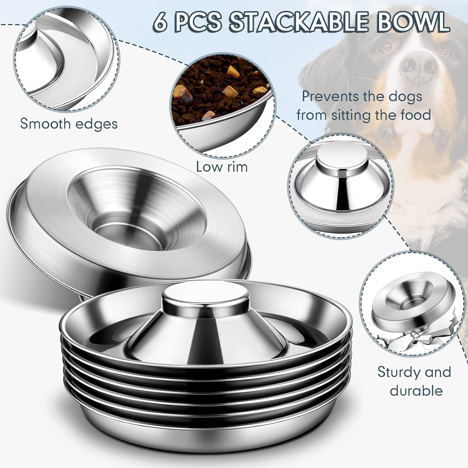 Zopeal 6 Pcs Puppy Feeding Bowls 11.8" Stainless Steel Puppy Weaning Feeder Bowl Dog Food Water Bowls for Litters, Food Feeding Weaning Bowl for Small Medium Large Dogs, Pets