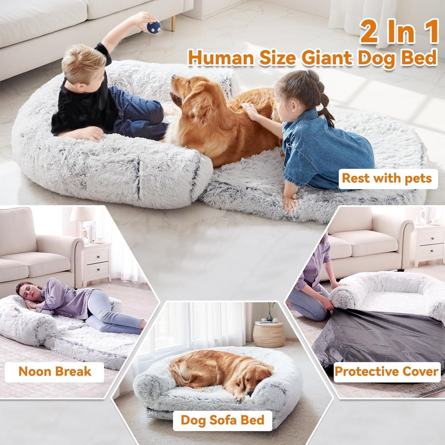 2 in 1 Foldable Large Human Dog Bed Luxury Fur Human Size Dog Bed for People,Waterproof Washable Giant Dog Bed Adjustable Fits Pet Families with Orthopedic Foam Supportive Dog Sofa