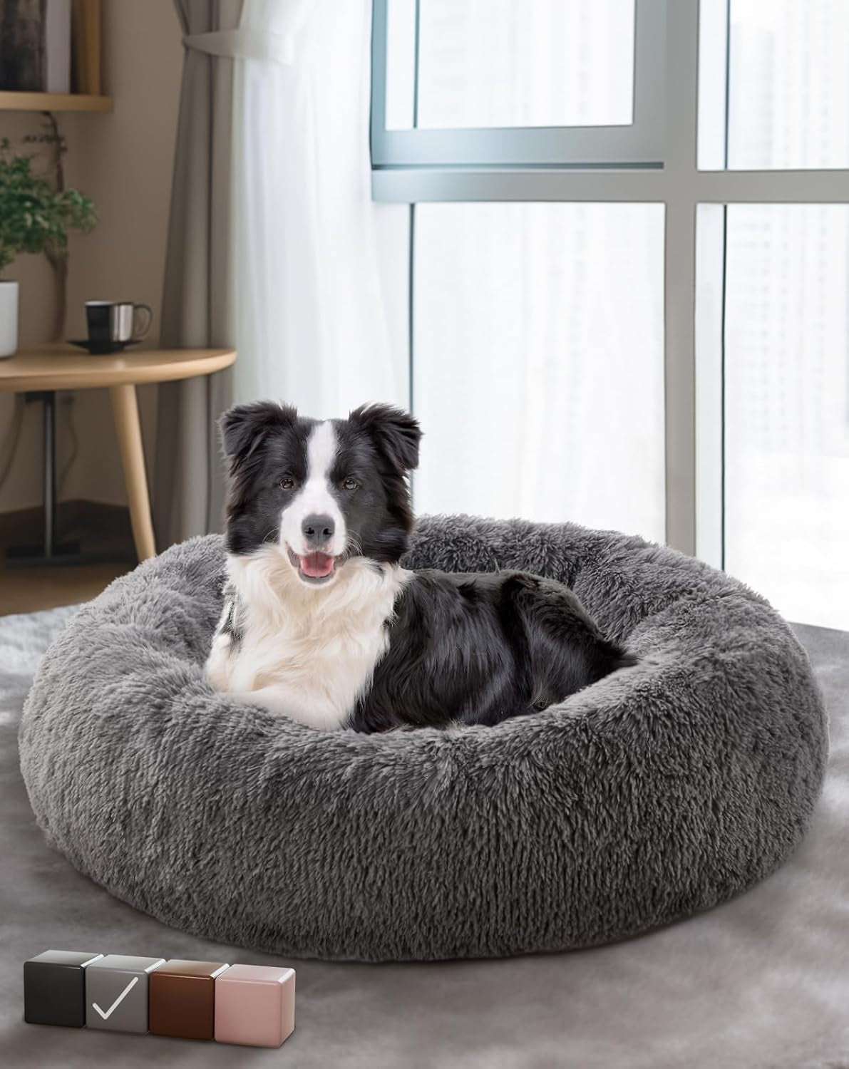 Calming Donut Bed for Dogs and Cats, Ultra Soft Circle Bed, Cozy, Waterproof, Zipper Cover, 30 in Bed, Medium Dog Bed (Gray)