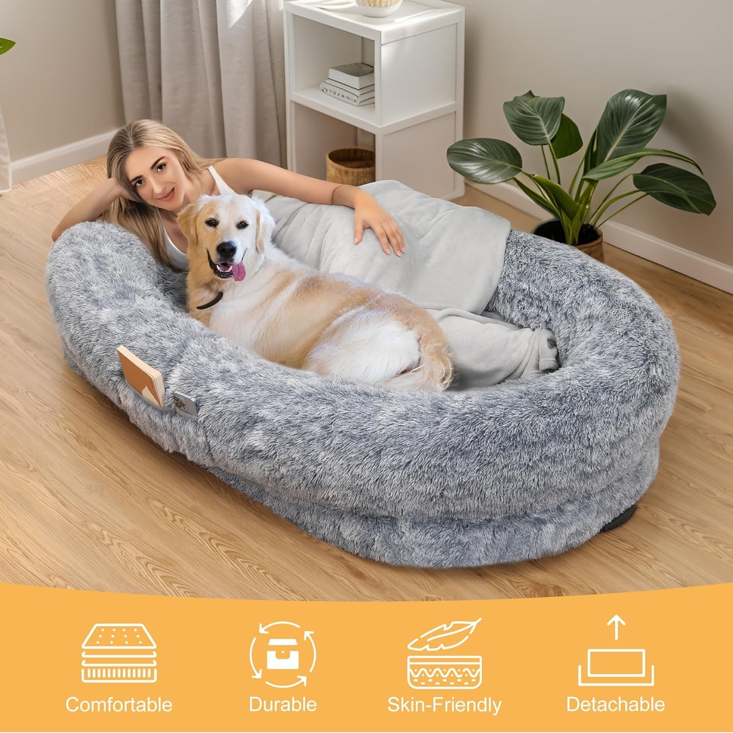 Large Dog Bed, 63" Luxury Human Dog Bed for People Adults with Washable Faux Fur Removable Cover and Waterproof Lining, 3D Memory Foam Dog Bed with Side Pocket and Strap, Gray