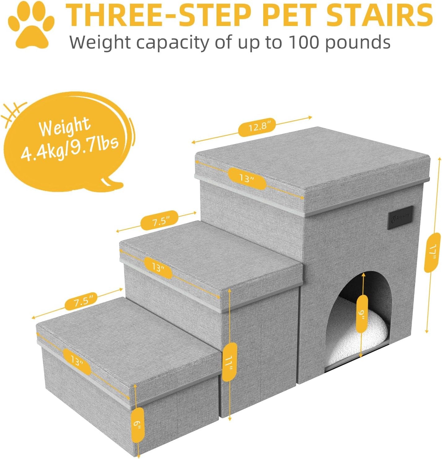 Dog Stairs-3 Steps Folding Pet Stairs with Storage Dog Steps for Bed or Couch for Small Medium or Large Dogs,Holding up to 100 Lbs Pets