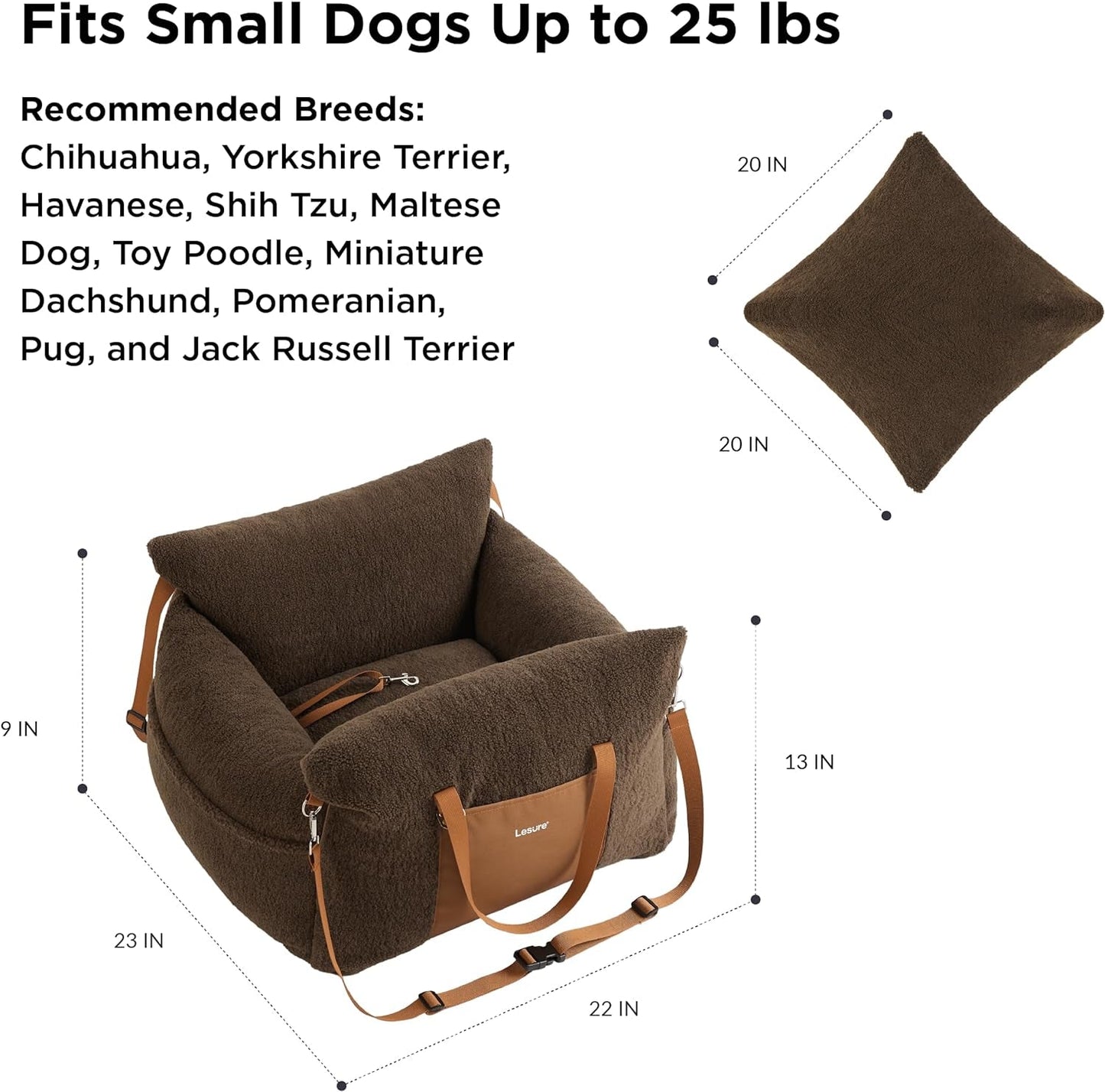 Lesure Small Dog Car Seat for Small Dogs - Sherpa Dog Booster Seat for Car with Storage Pockets and Clip-On Safety Leash and Thickened Memory Foam Filling, Puppy Travel Carrier Bed, Espresso