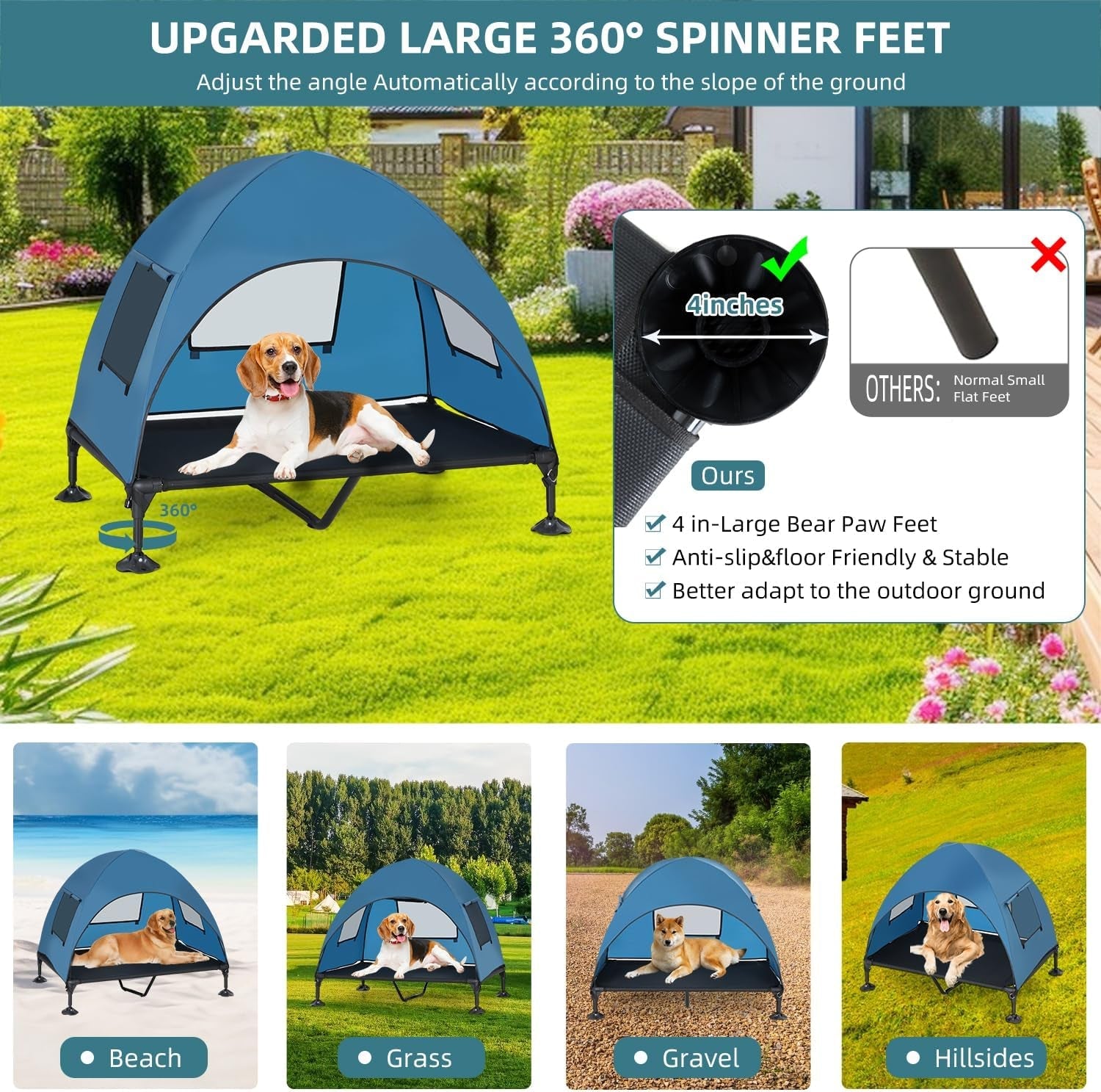 Elevated Outdoor Dog Bed with Canopy, Cooling Raised Dog Cot Bed with Removable Shade, Portable Pet Bed Cot with 360° Adjustable & Non-Slip Feet, Dog Tent Bed for Large Dogs Camping, Indoor & Outdoor