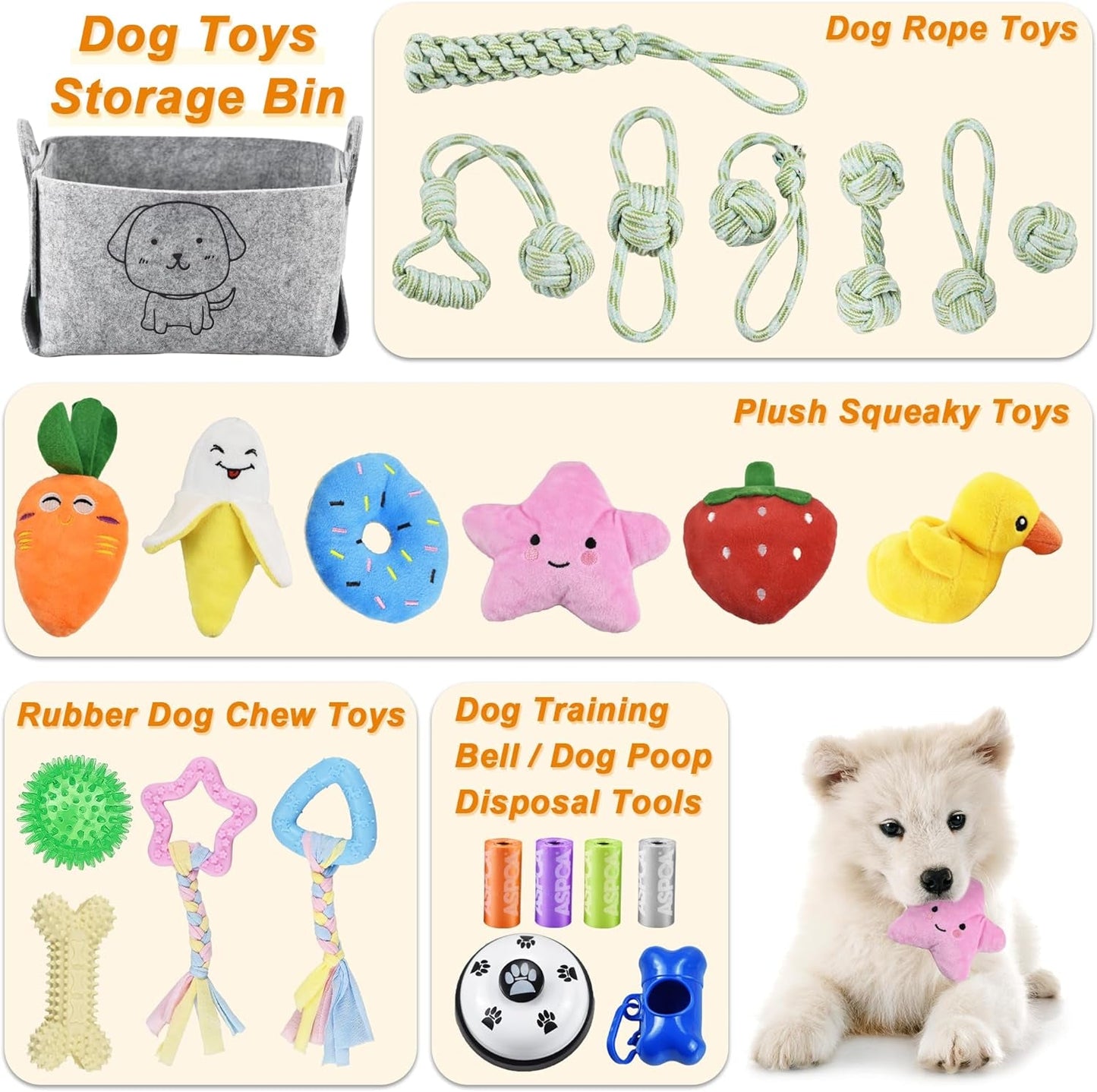 24 Pack Puppy Chew Toys, Dog Teething Toys with Storage Bin, Dog Rope Toys and Squeaky Toys for Boredom, Interactive Dog Toys for Small & Medium Breeds