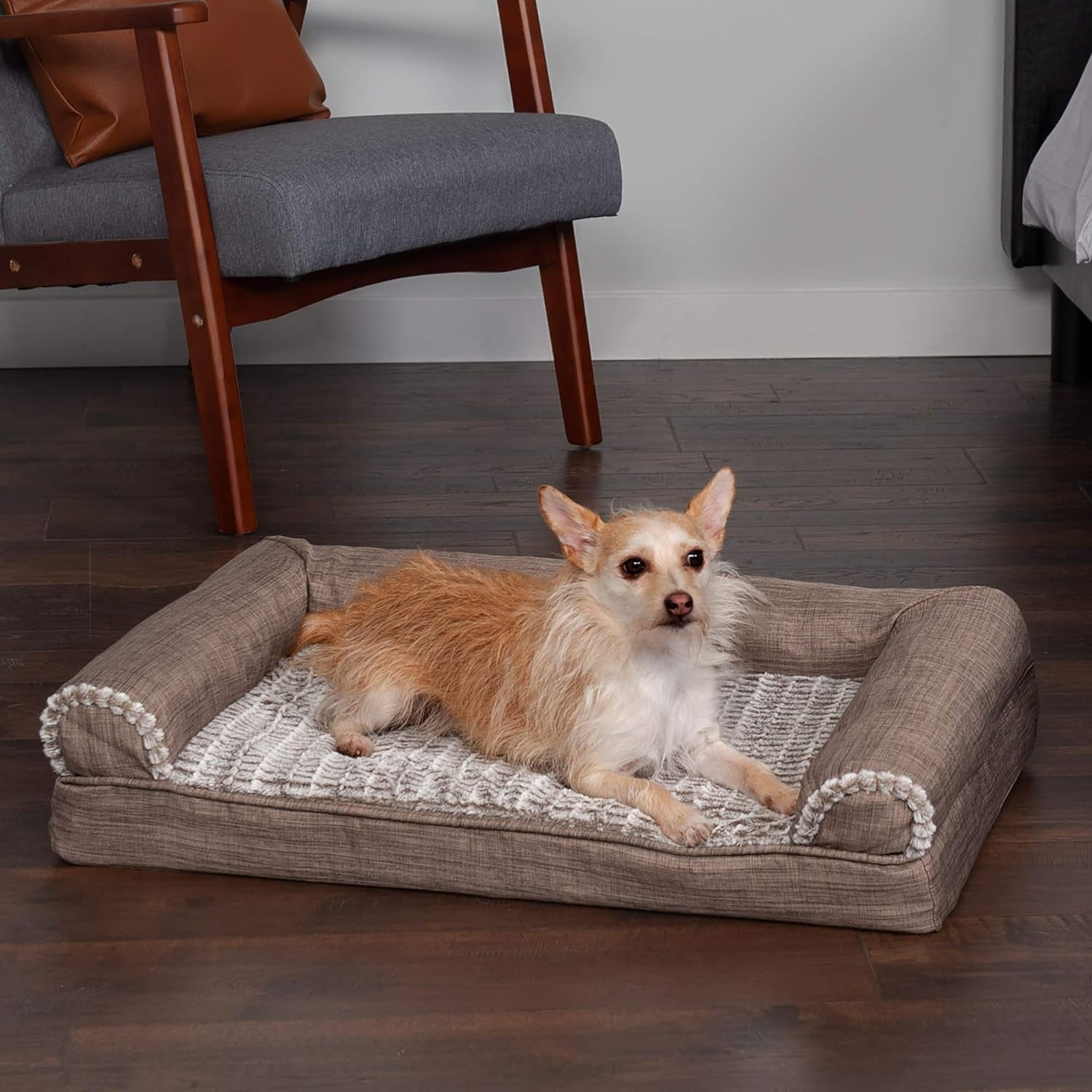 Furhaven Orthopedic Dog Bed for Medium/Small Dogs W/ Removable Bolsters & Washable Cover, for Dogs up to 35 Lbs - Luxe Faux Fur & Performance Linen Sofa - Woodsmoke, Medium