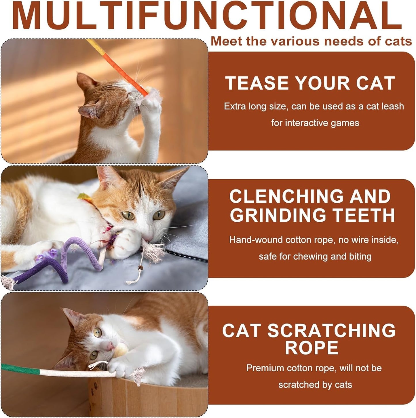 3Pcs Cat Cotton Ropes, 27.56 Inch Long Cat Rope Toys Multifunctional Interactive Cat Toy Cat Chew Toys Cat Dental Toys for Teeth Cleaning Cat Kick Toys for Indoor Cats