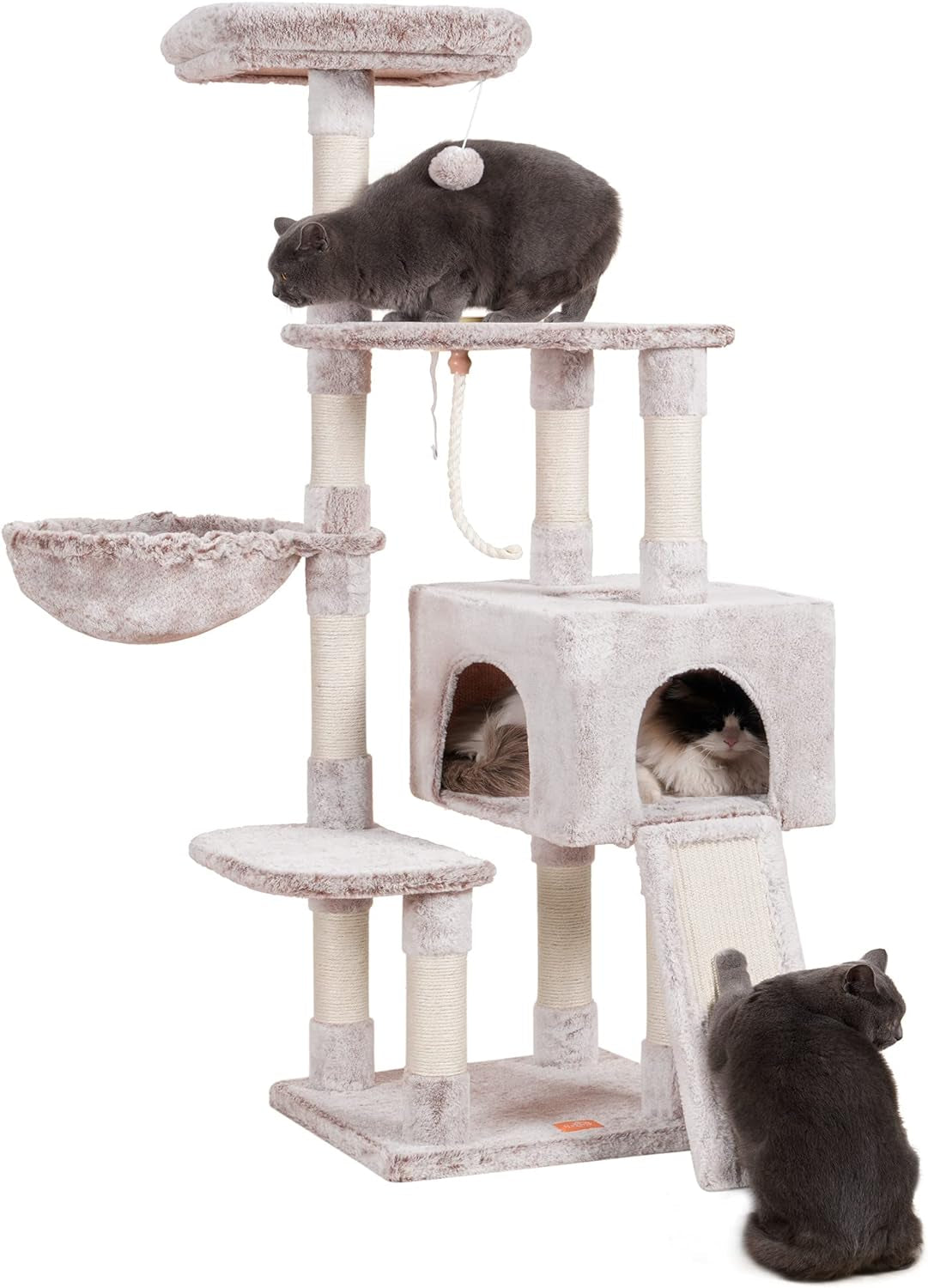 Heybly Cat Tree with Cat Self Groomer Brush, Cat Tower Condo for Indoor Cats with Padded Plush Perch,Feeding Bowl,Cat House with Basket Scratching Board Post, Light Gray HCT005SW