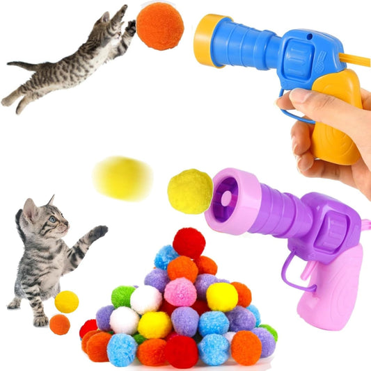 2 Cat Ball Launcher + 50Pcs 1.2’’Cat Toy Balls, Interactive Kitten Toys for Indoor Cats Self Play, Silent Plush Elastic Cat Ball Toy, Suitable for Training and Playing.