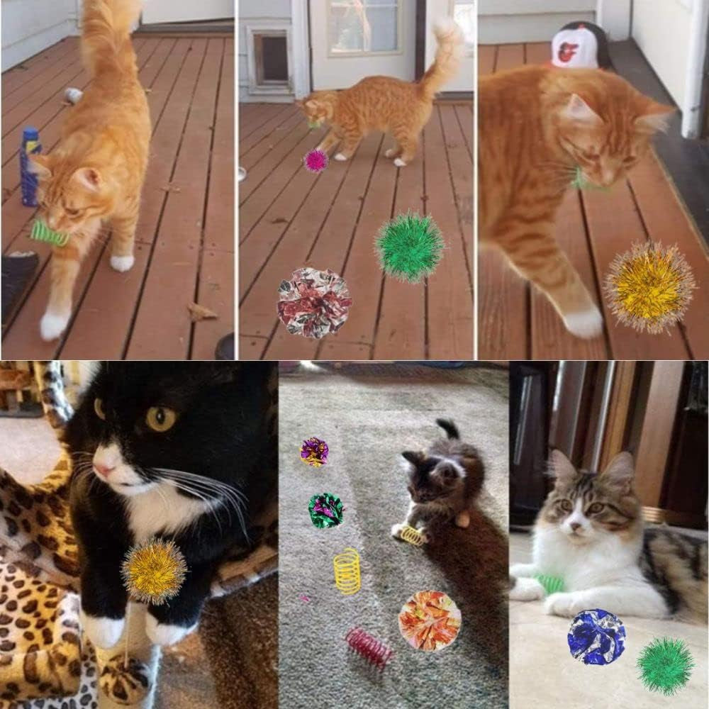 36 PCS Cat Crinkle Balls Toy and Cat Spring Toy, 12 Pcs Mylar Crinkle Ball, 12 Pcs Cat Spiral Spring, 12Pcs Sparkle Balls Tinsel Poms, for Cats Kittens Playing Interacting