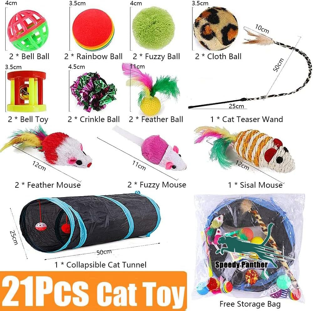 21 Pcs Cat Toys for Indoor Cats Collapsible Cat Tunnel Interactive Feather Teaser Wand Ball Toy for Kitten Cats