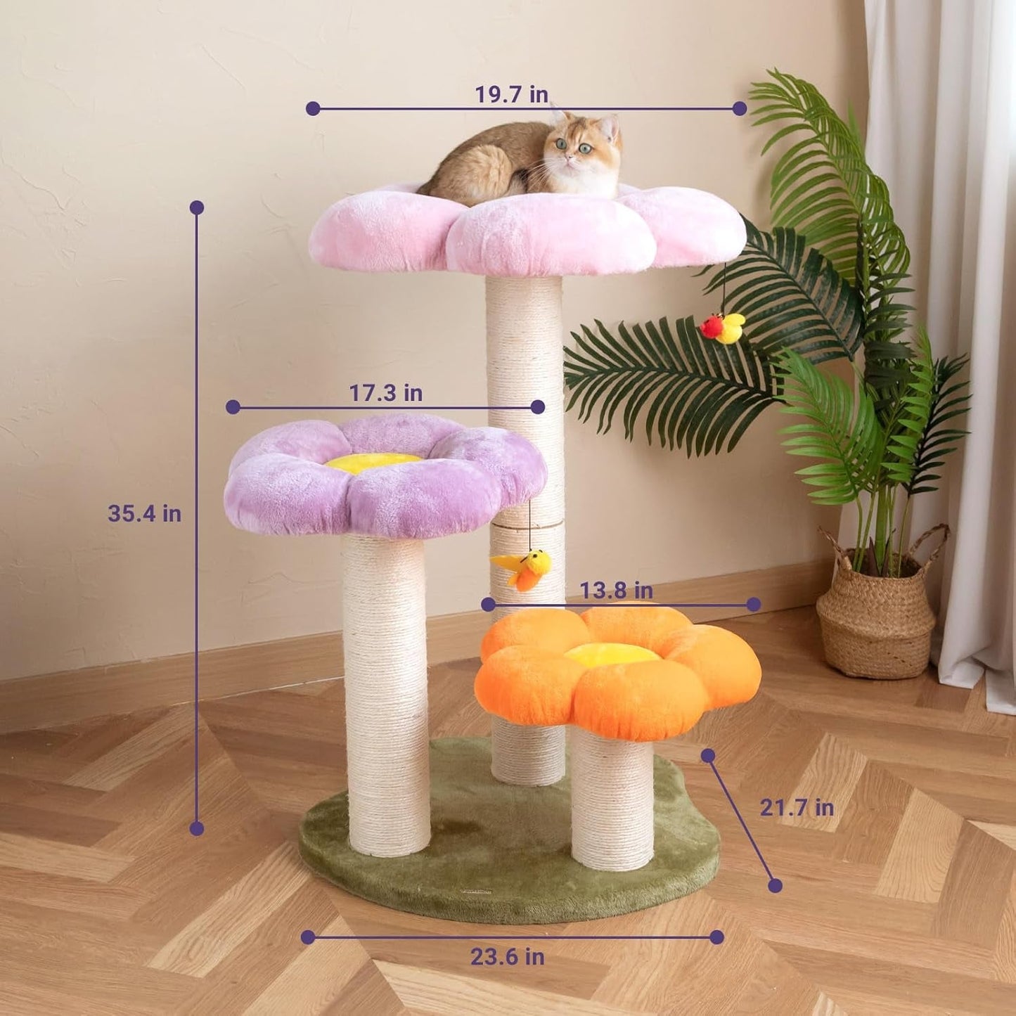 Happy & Polly 35.4" Flowers Cat Tree - Cats Tower Condo with Sisal Scratching Posts Board Luxury Cozy House Indoor Heavy Duty for Cats, Multi-Level Play Activities Platform Tall Perch