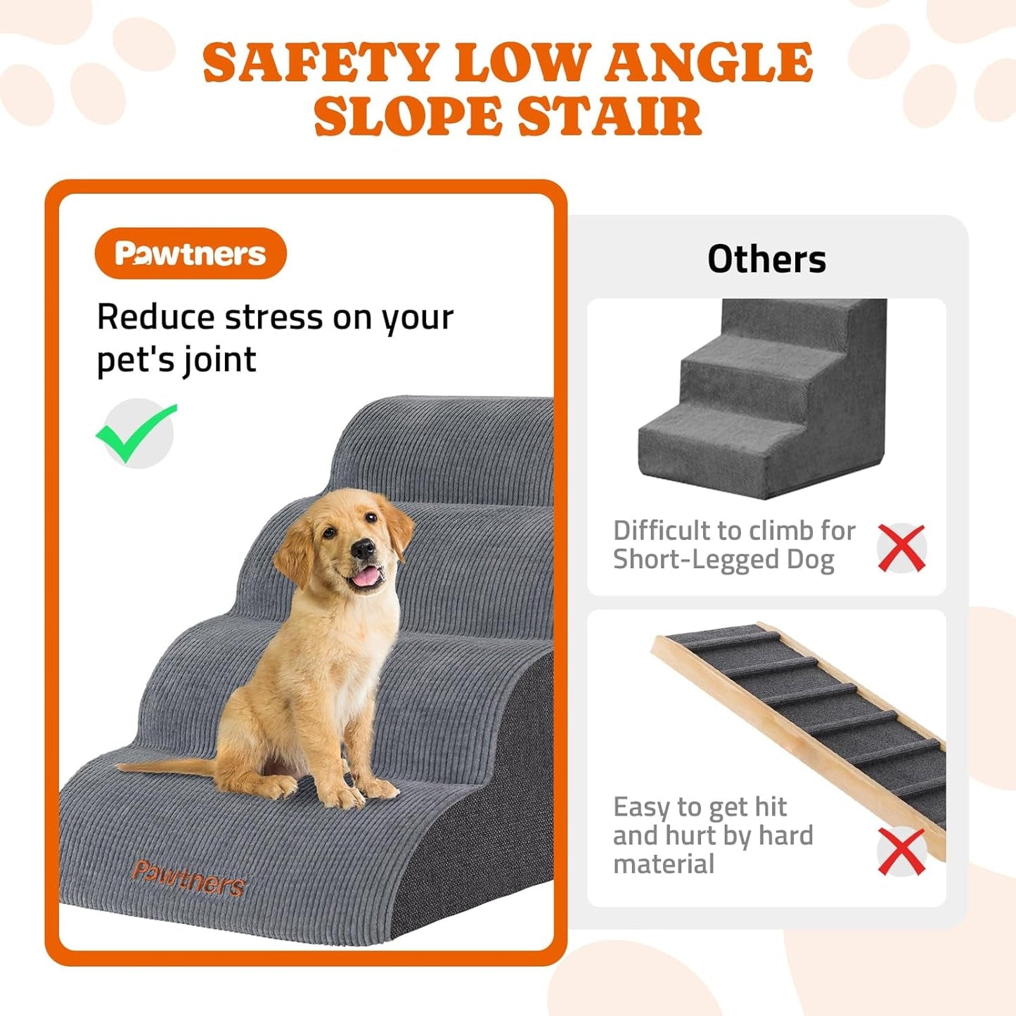 Dog Stairs for Small Dogs: Pawtners 4 Steps Dog Ramp for High Bed, Foam Pet Stairs for Large Cat and Medium Dogs, Dog Steps for Dogs to Get on Bed for Couch Sofa Bed Grey