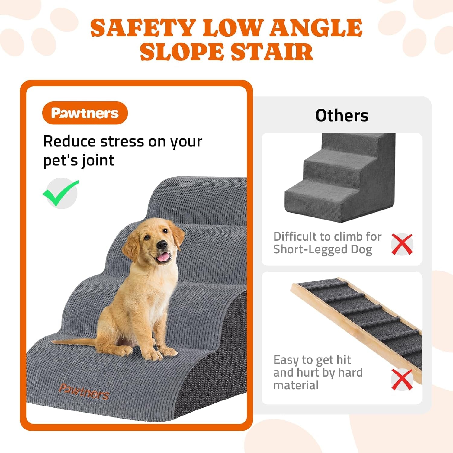 Dog Stairs for Small Dogs: Pawtners 4 Steps Dog Ramp for High Bed, Foam Pet Stairs for Large Cat and Medium Dogs, Dog Steps for Dogs to Get on Bed for Couch Sofa Bed Grey