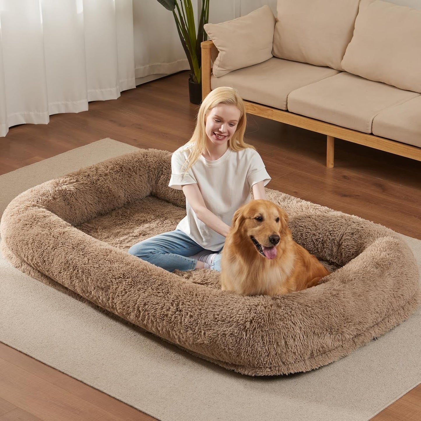 Human Dog Bed for Adult - Human Size Dog Bed for People with 320 GSM Luxurious Fluffy Faux Fur Cover, Giant Dog Bed for Humans Bean Bag Bed with 40D Orthopedic Memory Foam, (Large, Black)