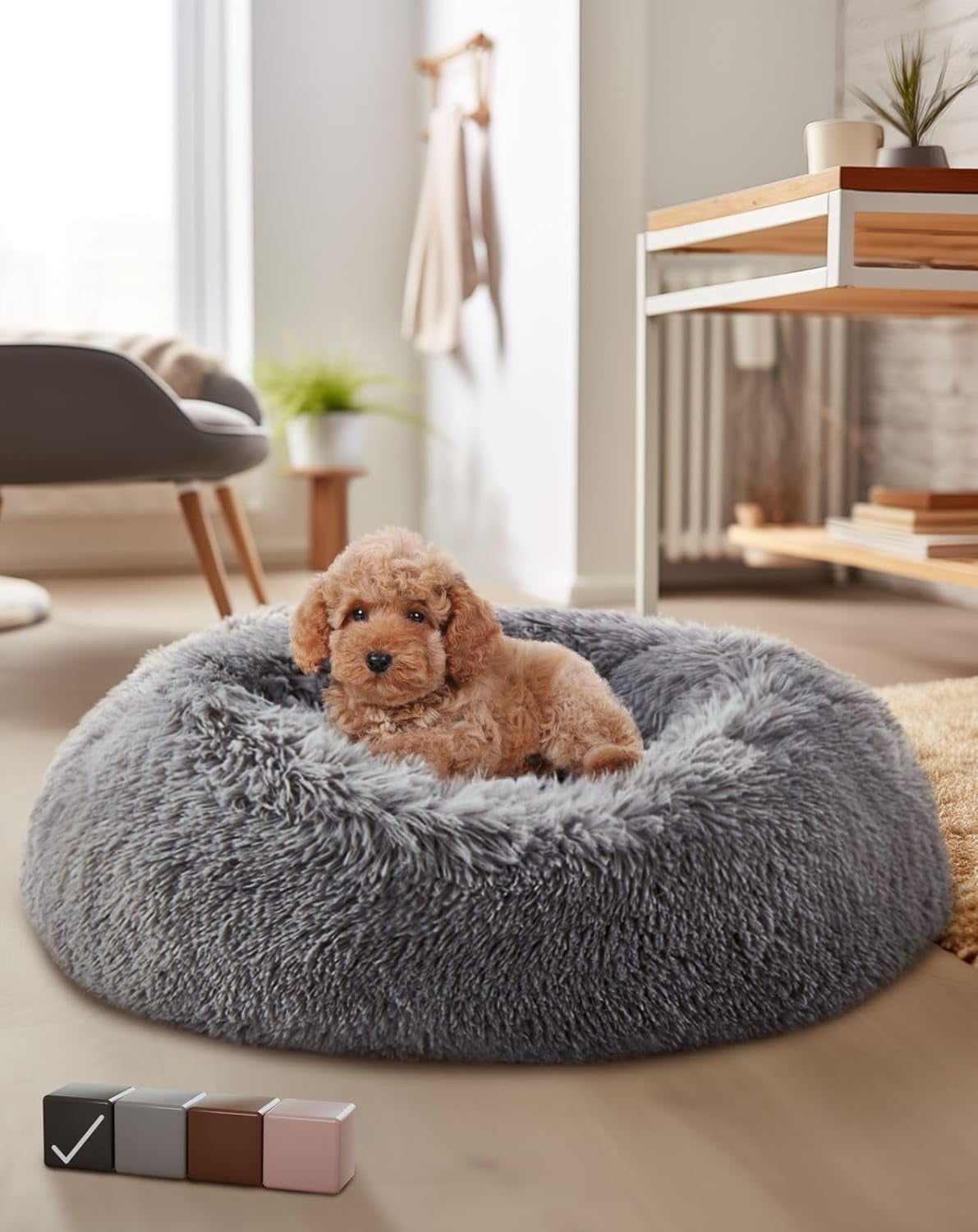 Calming Donut Bed for Dogs and Cats, Ultra Soft Circle Bed, Cozy, Waterproof, Zipper Cover, 30 in Bed, Medium Dog Bed (Gray)