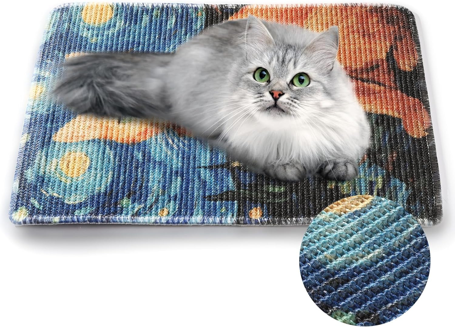 3 In1 Cat Scratcher Mat 23.6X15.7'' for Floor Carpet Couch Wall Furniture, Natural Sisal Scratch Pad for Cats with 360° Adhesive Velcro Tape, Anti-Slip Cat Scratching Rug (Ginger Cat under the Stars)