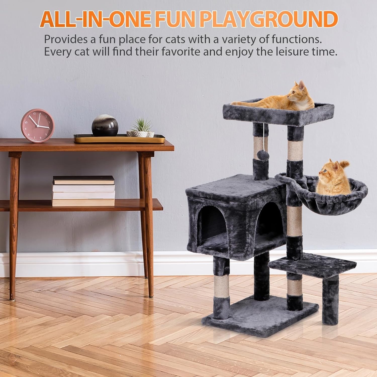 35.5 Inch Cat Tree for Indoor Cats, Multi-Level Cat Condo Tower with Large Top Perch, Hammock and Scratching Posts, Dark Grey