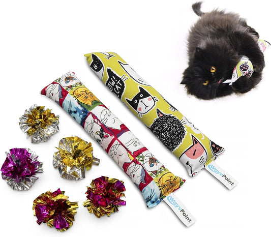 11" (28 Cm) Pack of 2 - Cat Toy, Kitty Kick Stick, Cat Kicker Toy, Kitten Toy - Complete with 5 Mylar Crinkle Balls