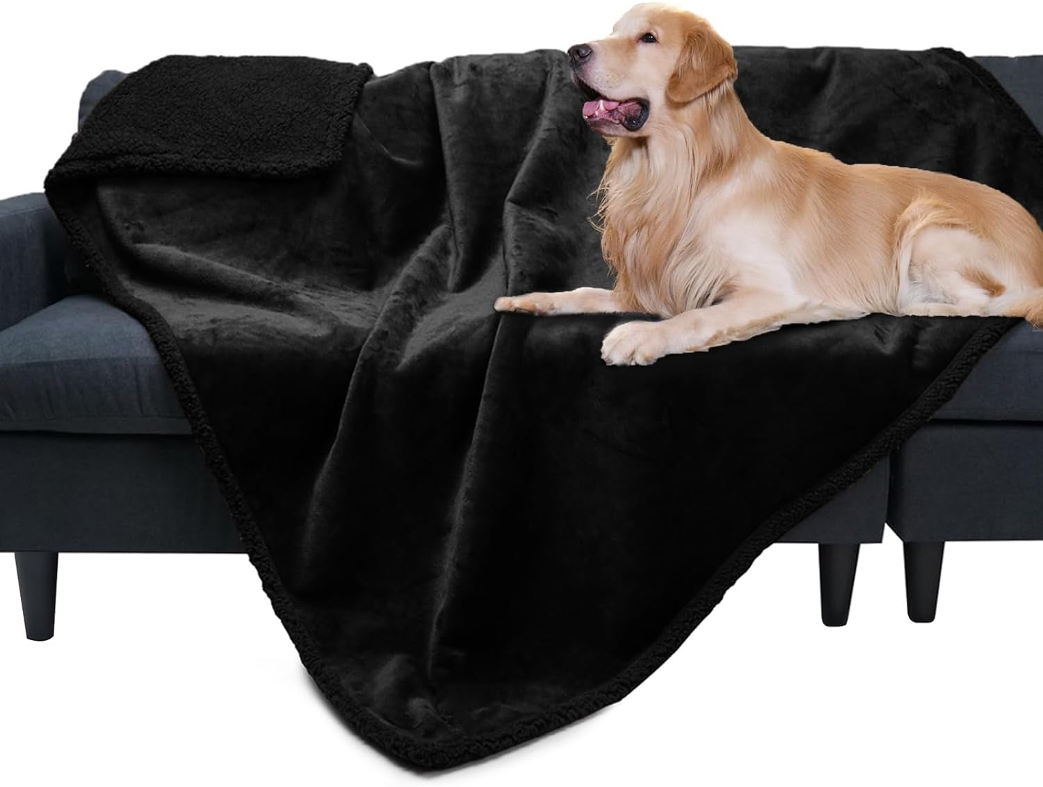 LINENLUX Large Dog Blankets Waterproof Couch Cover for Bed Pet Washable Thickened Furniture Protector Sherpa Fleece Reversible, Black 85" X 57"