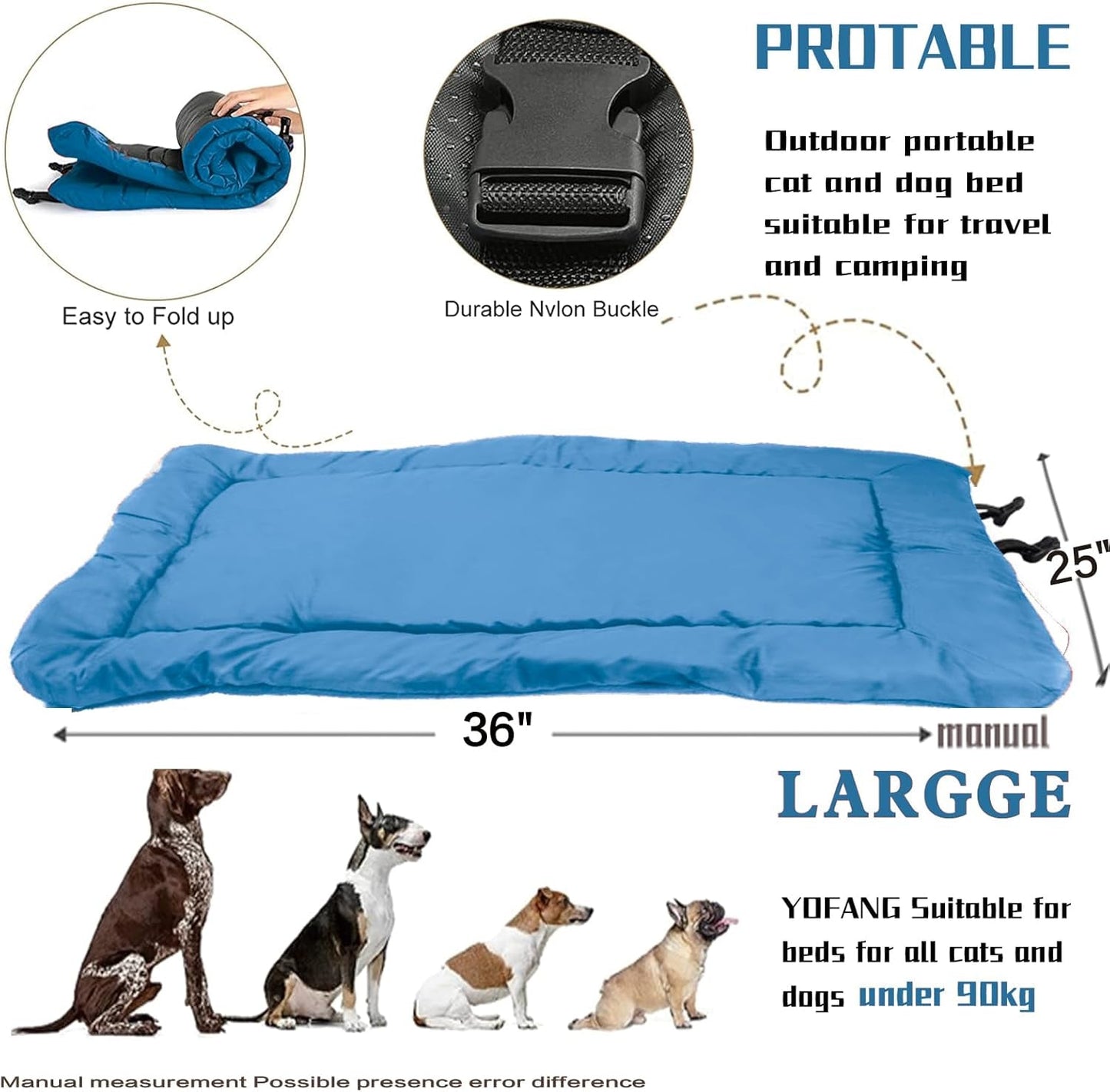 Chew Proof Dog Bed-Outdoor Travel Camping Dog Bed,Waterproof Ripstop 600D Nylon Fabric and Machine Washable,Indestructible and Easy to Clean Pet Bed Mat for Car,Sofa,Cage (Blue, Large)