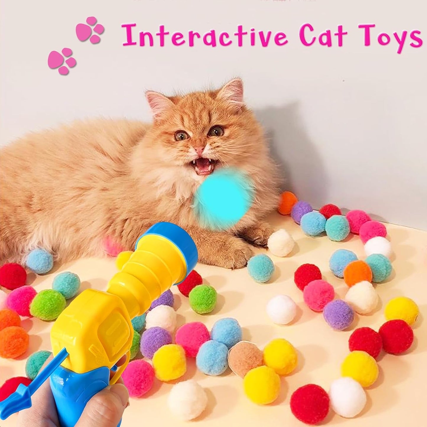 2 Cat Toy Launchers & 100 Cat Pom Pom Balls,Cat Toys Balls Launcher,Launch Ball Interactive Toy,Silent Plush Elastic Ball for Kitty