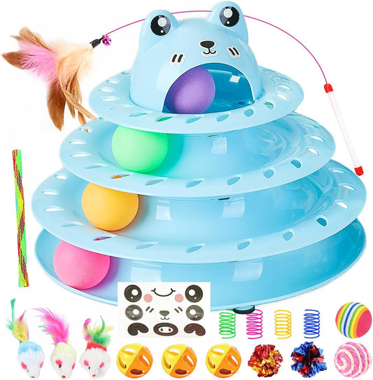 17 Pack Cat Toys, 4-Level Turntable Ball Track Interactive Cat Toy for Indoor Cats, Self Play Fun Roller with Colorful Rotating Ball Puzzle Exercise Kitten Toys Set