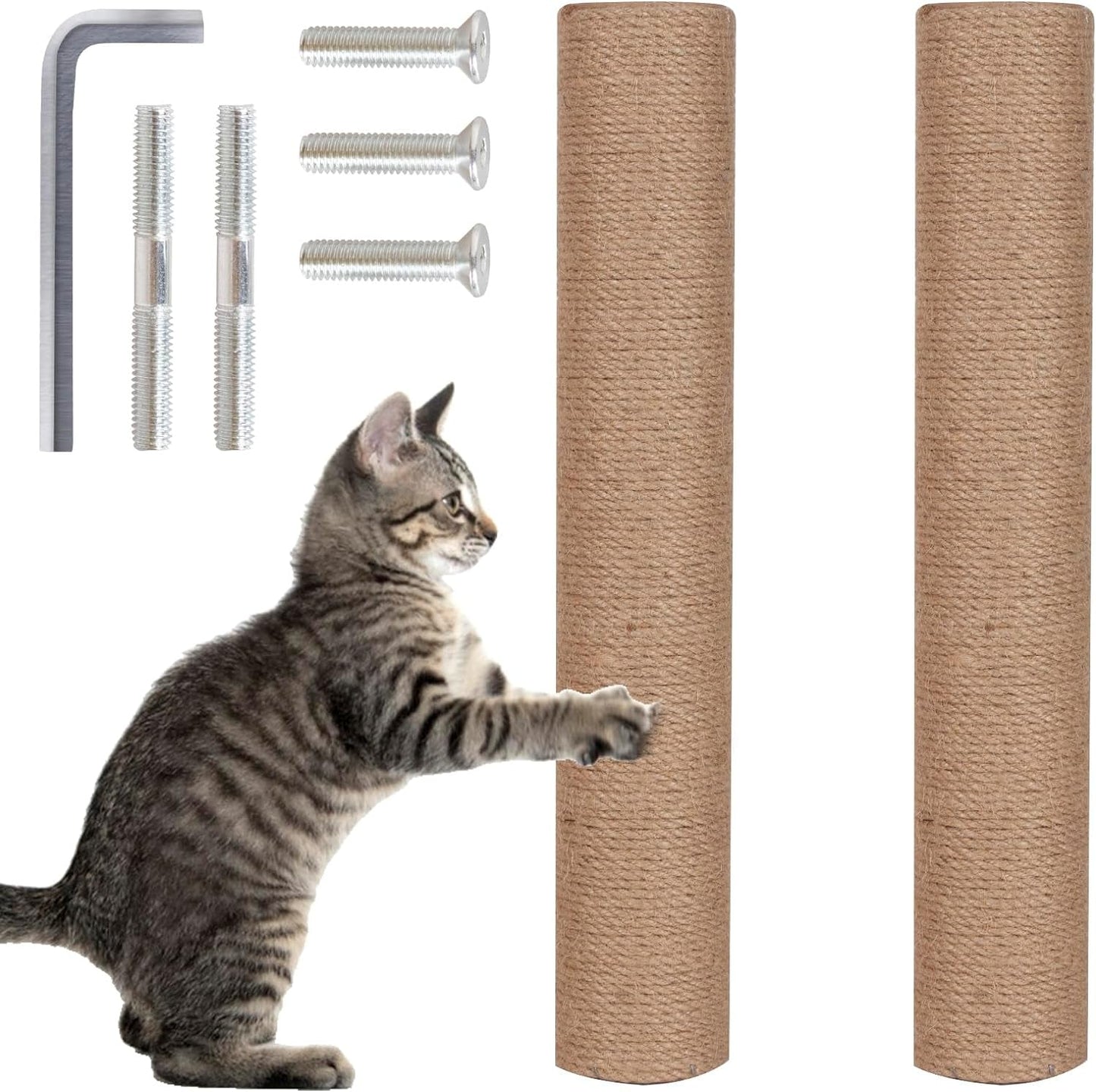 Natural Sisal Replacement Scratching Post, 15.7'' 2 Pieces M8 Cat Scratch Post Refill Pole Parts for Refurbishment, Include Screws (White)