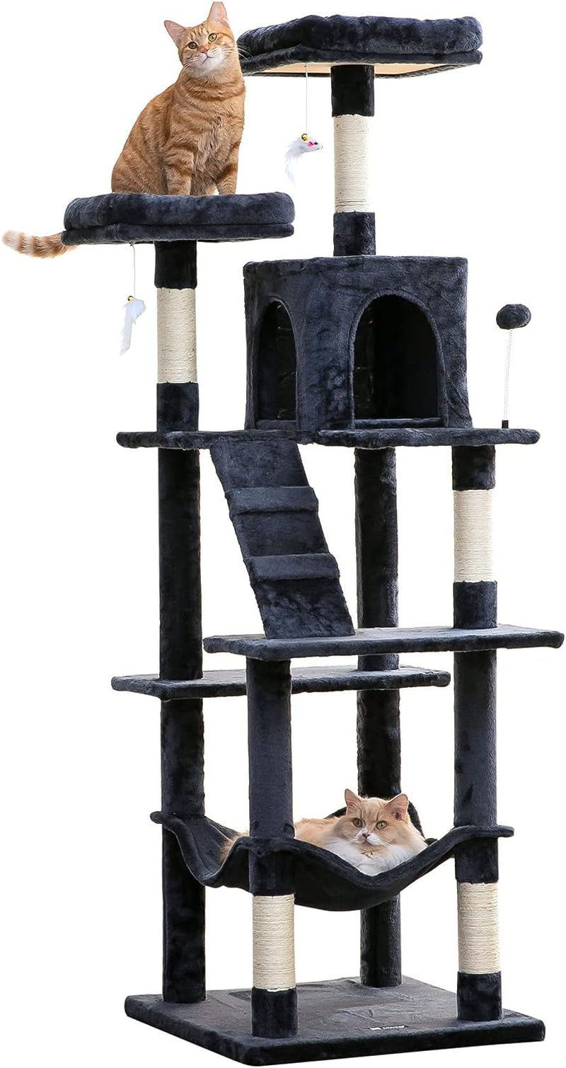 MWPO 63.8 Inches Multi-Level Cat Tree for Large Cats with Sisal-Covered Scratching Posts, Padded Platform, Hammock and Condo,Stable Cat Tower Cat Condo Pet Play House-Light Gray