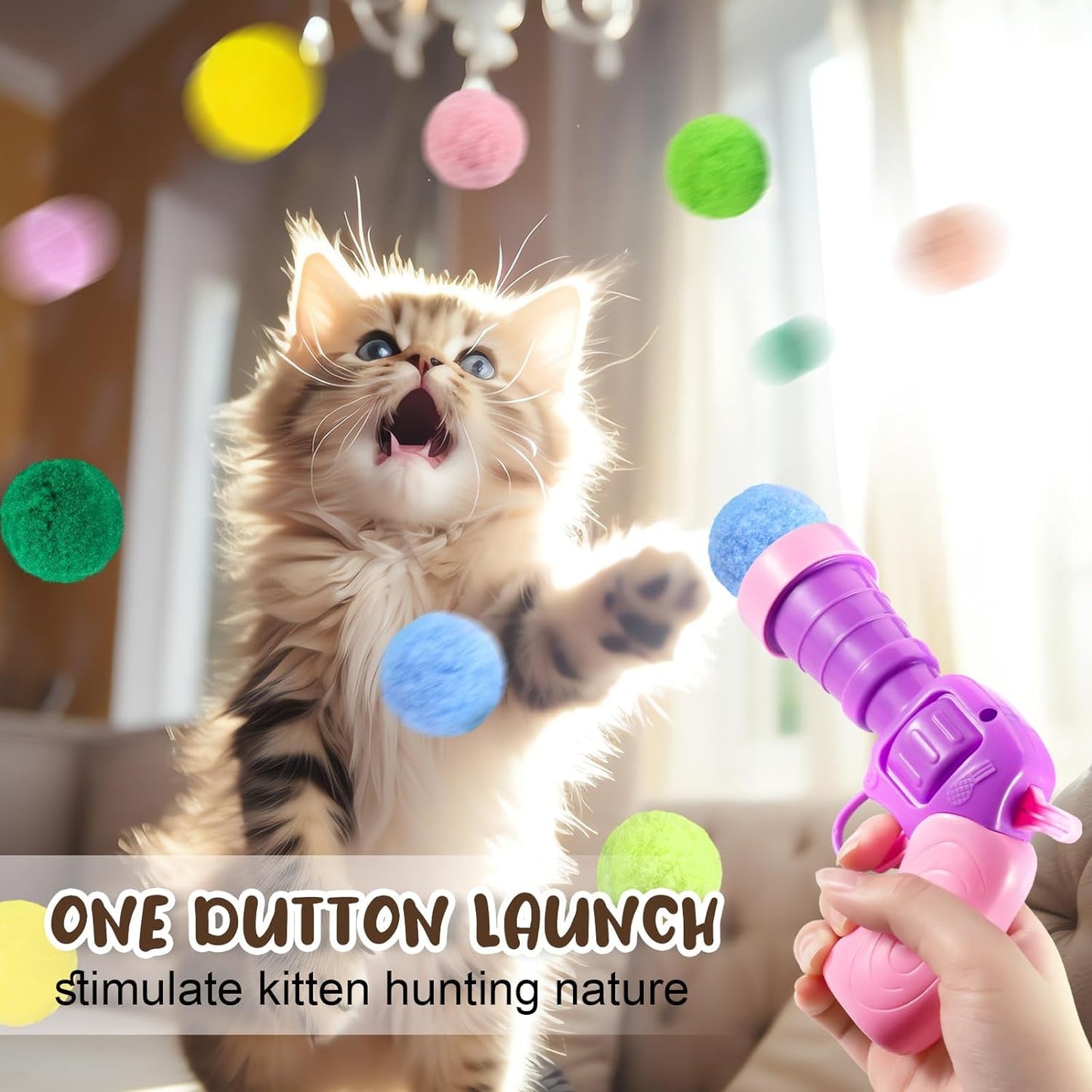 204 Pcs Cat Toy Balls Cat Ball Launcher Toy, Cat Toy Balls with 4 Pcs Launcher and 200 Pcs Pom Poms Balls, Cat Toys Interactive with Colorful Cat Balls for Indoor Cat