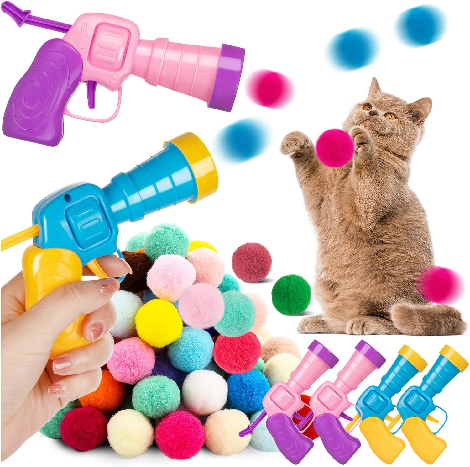 4 Pcs Cat Ball Launcher, Interactive Cat Toy with 100PCS Cat Pompom Balls, Cat Toy Ball Launcher Gun for Cats, Cat Toys Interactive for Training, Playing, Funny Game