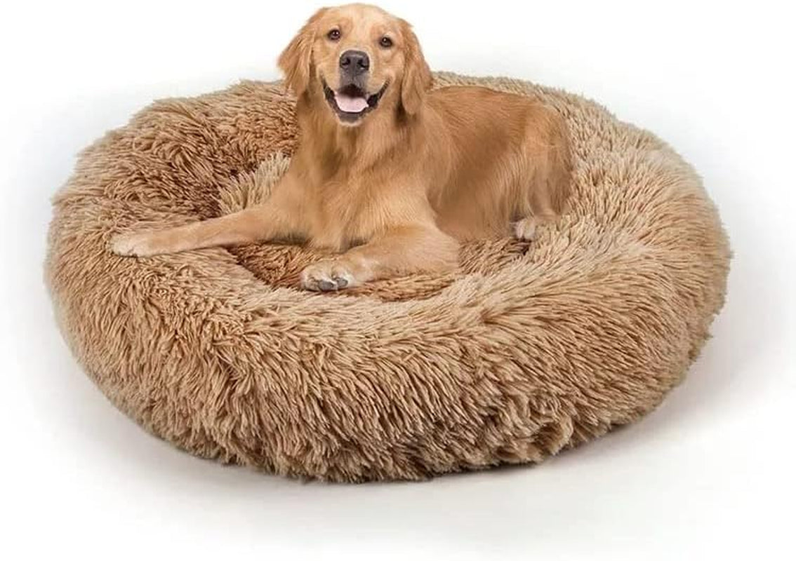 Calming Dog & Cat Bed, Anti-Anxiety Donut Dog Cuddler Bed, Warming Cozy Soft round Pet Bed, Fluffy Faux Fur Plush Cushion Bed for Dogs and Cats (Medium 24X24X8, Khaki Brown)