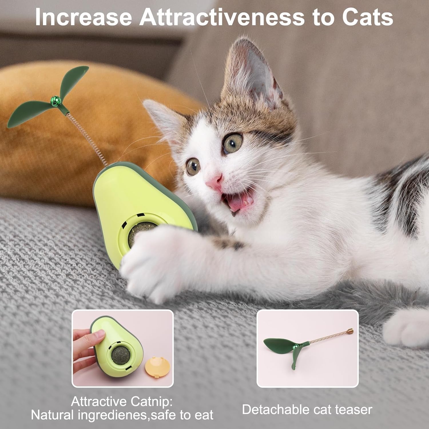 3-In-1 Cat Catnip Toys-Interactive Cat Toys for Indoor Cats, Catnip Toys for Cats with Feather Cat Toy Wand & Cat Treat Dispenser, Tumbler Avocado Cat Puzzle Feeder