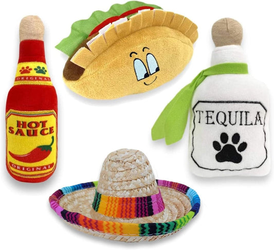 4 Pack Fiesta Dog Chew Toys and Sombrero - Mexican Squeak Plush Toys - Dog Gifts for Chihuahuas - Taco - Tequila - Hot Sauce - for All Breeds