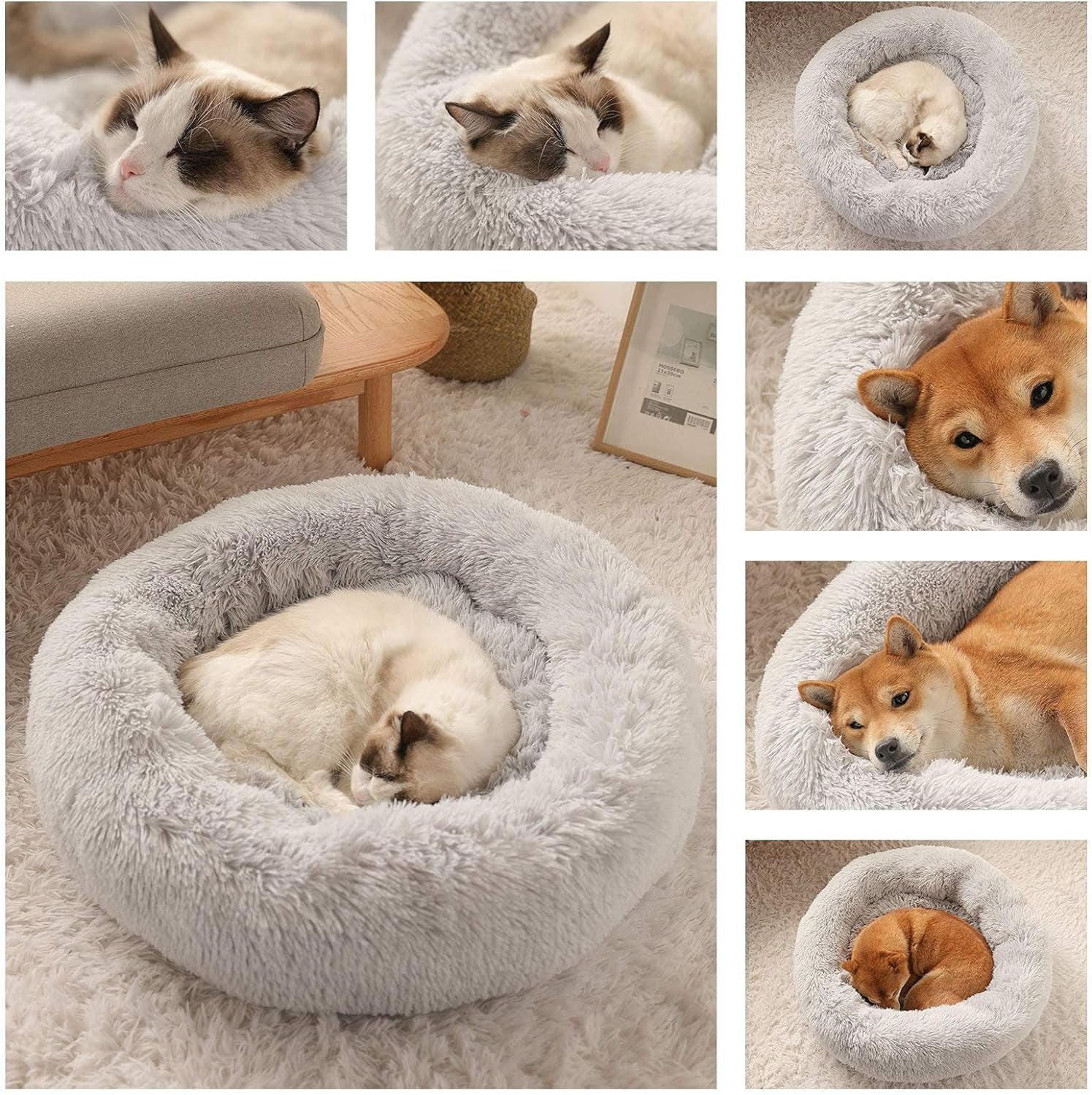 Dog Bed Calming Dog Beds for Small Medium Large Dogs - round Donut Washable Dog Bed, Anti-Slip Faux Fur Fluffy Donut Cuddler Anxiety Cat Bed(20")