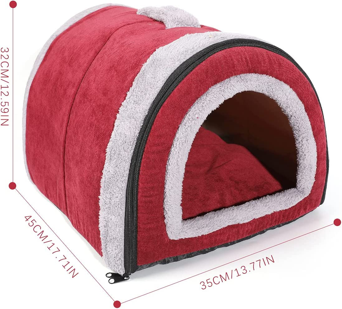 Barelove Pet Dog Bed for Indoor Cat Small Doggy, 2 in 1 Portable Soft Plush Pet Kitten Lgloo House Cave Warm Cozy Premium Cotton Puppy Rabbit Tent Beds with Removable Cushion & Anti-Slip Bottom (Red)