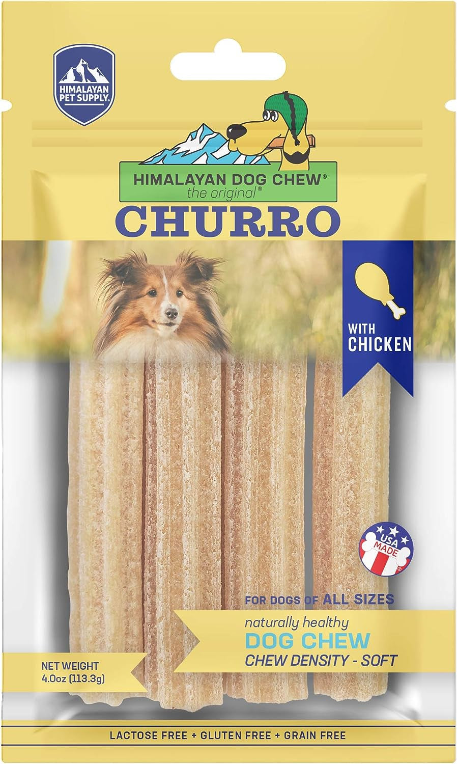 Yaky CHURRO Himalaya Cheese Treats | Lactose Free | Gluten Free | Grain Free | USA MADE | for All Breeds | 4 Churros per Pouch | Original Cheese Flavor