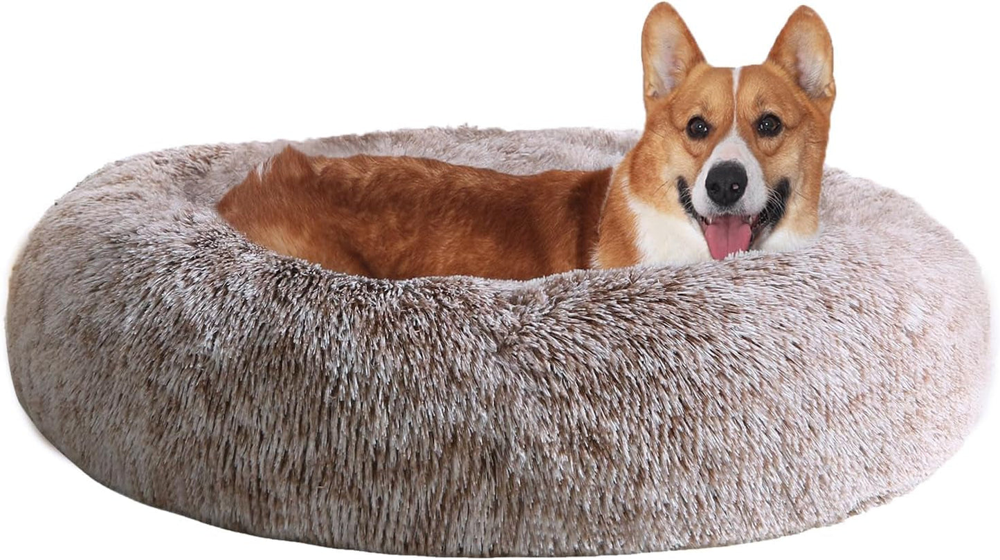 JOLLYVOGUE Calming Donut Dog Bed & Cat Bed, Anti-Anxiety Washable round Bed, Fluffy Dog Cuddler Bed, Cozy Dog Cat Cushion Bed for Small Puppy (20")