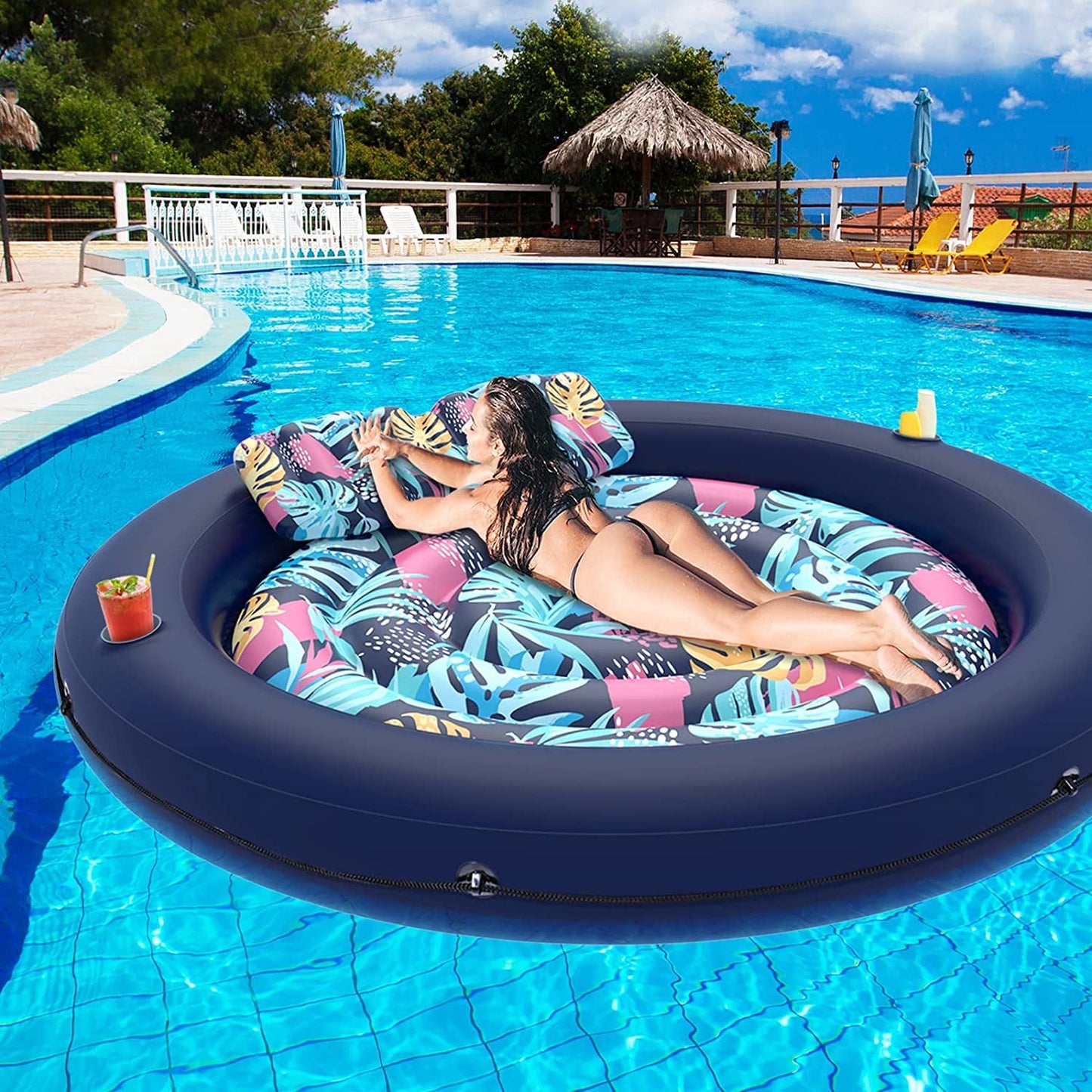 Hawaii Flower Pool Float Lounger, Inflatable Floating Chair with Cupholder Caddy, Heavy Duty Floaties Toys Adult Size for Swimming Pool, Lake, River