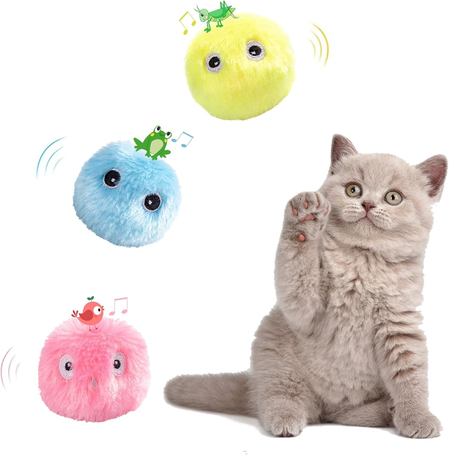 3 Pack Fluffy Chirping Cat Toy Balls, Plush Interactive Cat Ball Toys, 3 Lifelike Animal Sounds Catnip Toys