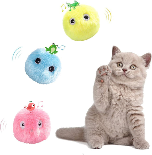 3 Pack Fluffy Chirping Cat Toy Balls, Plush Interactive Cat Ball Toys, 3 Lifelike Animal Sounds Catnip Toys