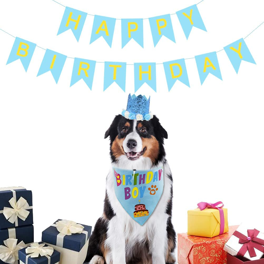 Covoroza Dog Birthday Bandana Scarfs Cute Bling Party Hat and Banner Birthday Boy Pattern for Medium to Large Dogs Blue Animals & Pet Supplies > Pet Supplies > Dog Supplies > Dog Apparel Covoroza   