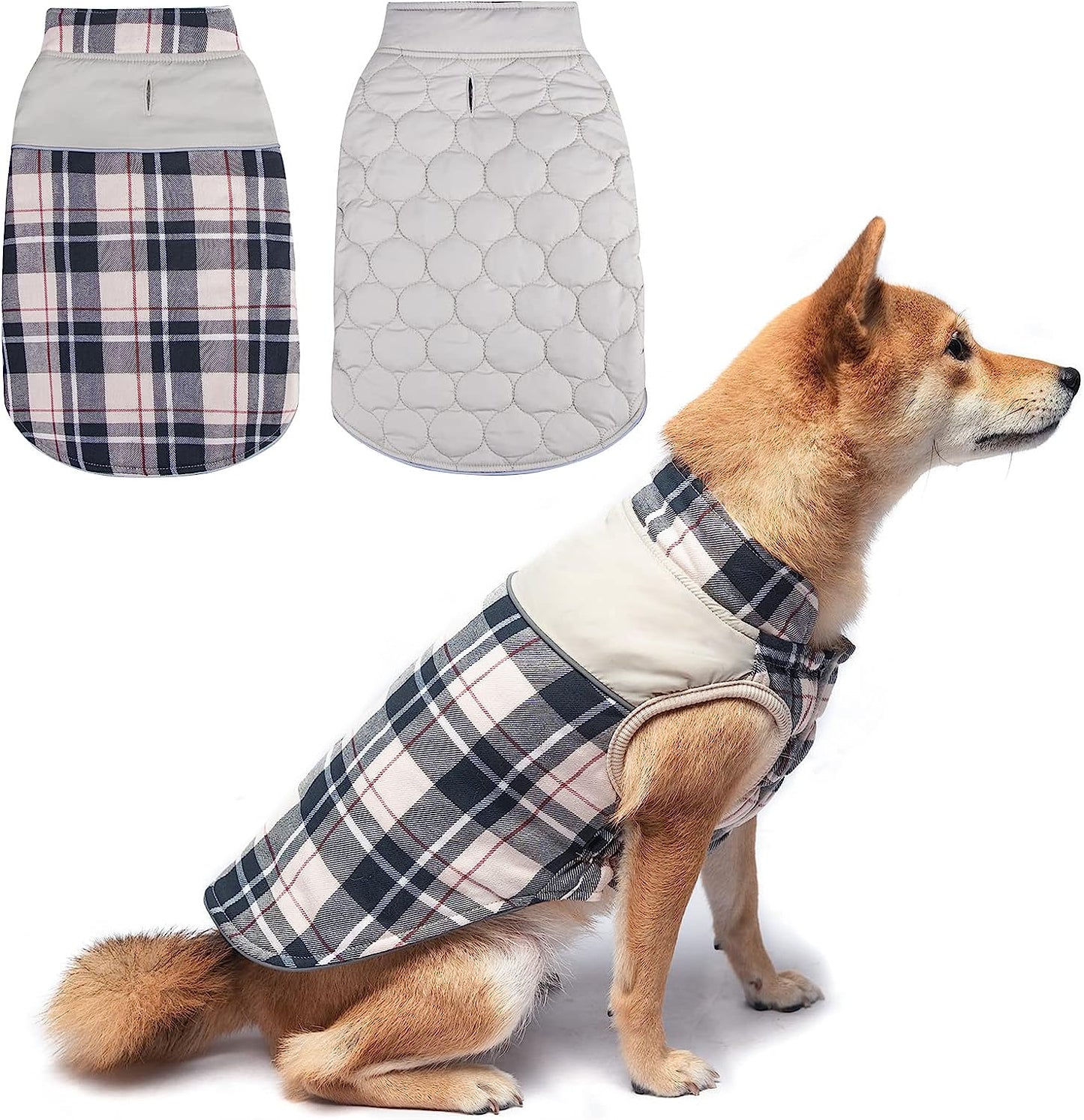 BEAUTYZOO Reflective Dog Winter Coat,Reversible British Style Plaid Dog Vest Windproof Waterproof Dog Jacket Clothes for Small Medium Large Dogs, Pet Apparel Girl or Boy Outfits, Beige L Animals & Pet Supplies > Pet Supplies > Dog Supplies > Dog Apparel BEAUTYZOO Beige Large (Pack of 1) 